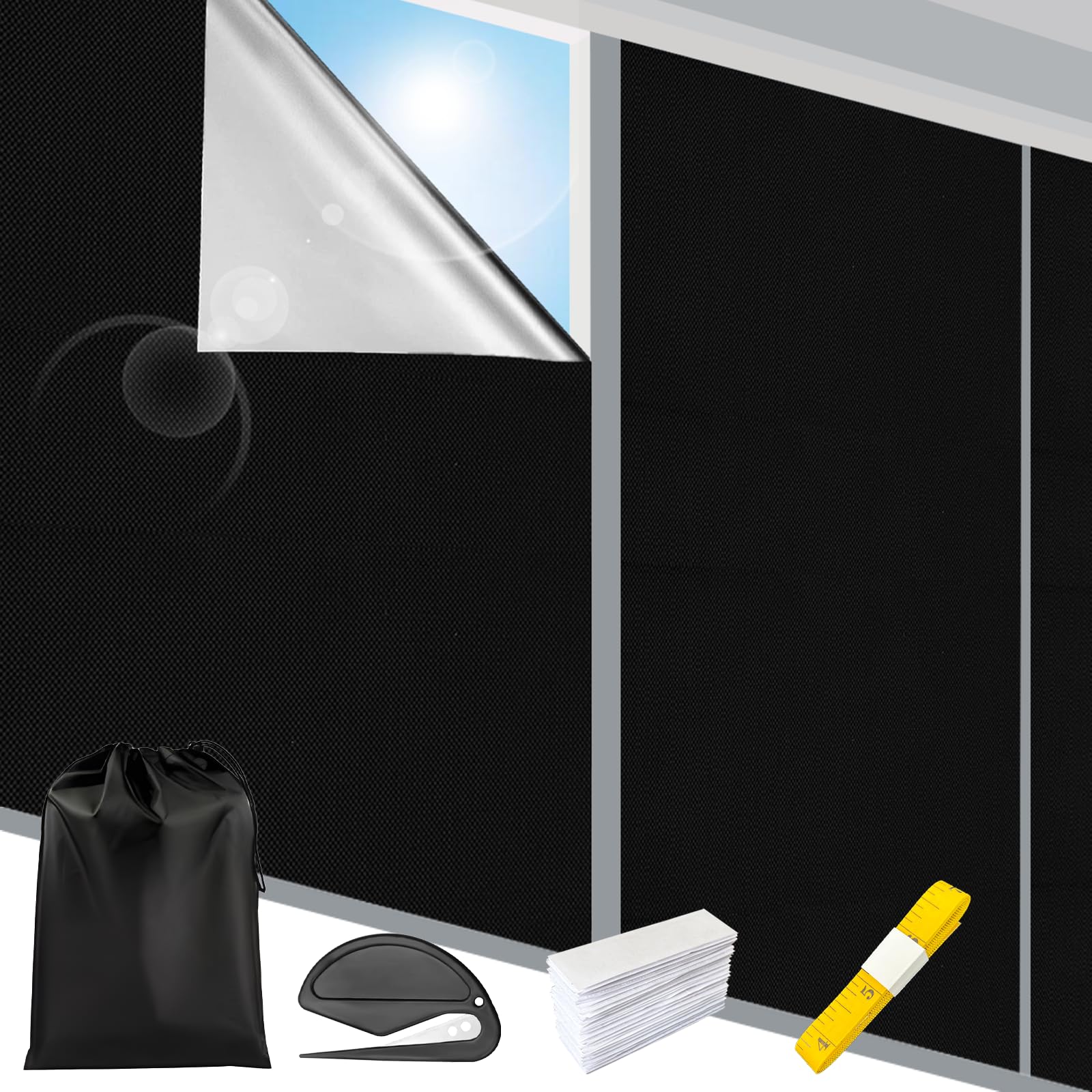 3m x 1,45m Fenster Verdunkelung, Innen Sonnenschutz Fenster Ohne Bohren,Verdunkelungsfolie Thermofolie Meterware für Schlafzimmer，Verdunkelungsfolie Verdunklungsstoff