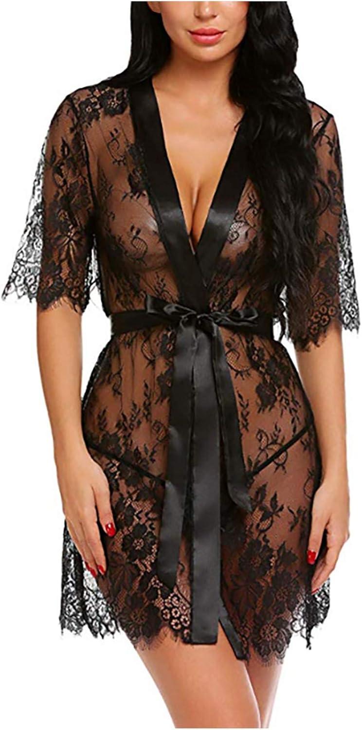 Sexy Lace Robe Kimono Mesh Nightgown Babydoll Lingerie Set Sexy Lingerie Women's Lace Ladies Cardigan : Clothing, Shoes & Jewelry