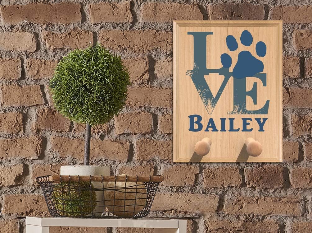 Personalized Dog Leash Holder Love with Paw Sign - Wall Mount Solid Wood Made in The USA