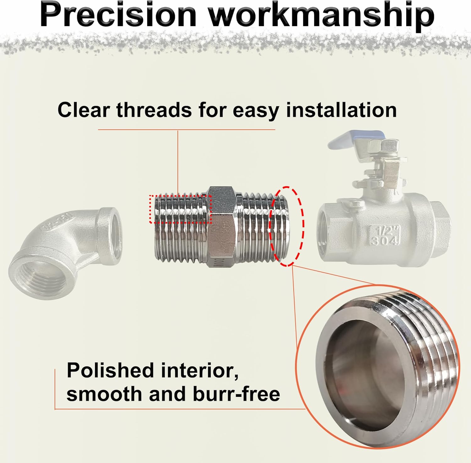1/2" NPT Male Hex Nipple Pipe Fittings, 304 Stainless Steel 1/2 inch Threaded Pipe Adapter Fittings Equal Nipples Connectors, 4pcs Male Straight Connector Pipe Fitting