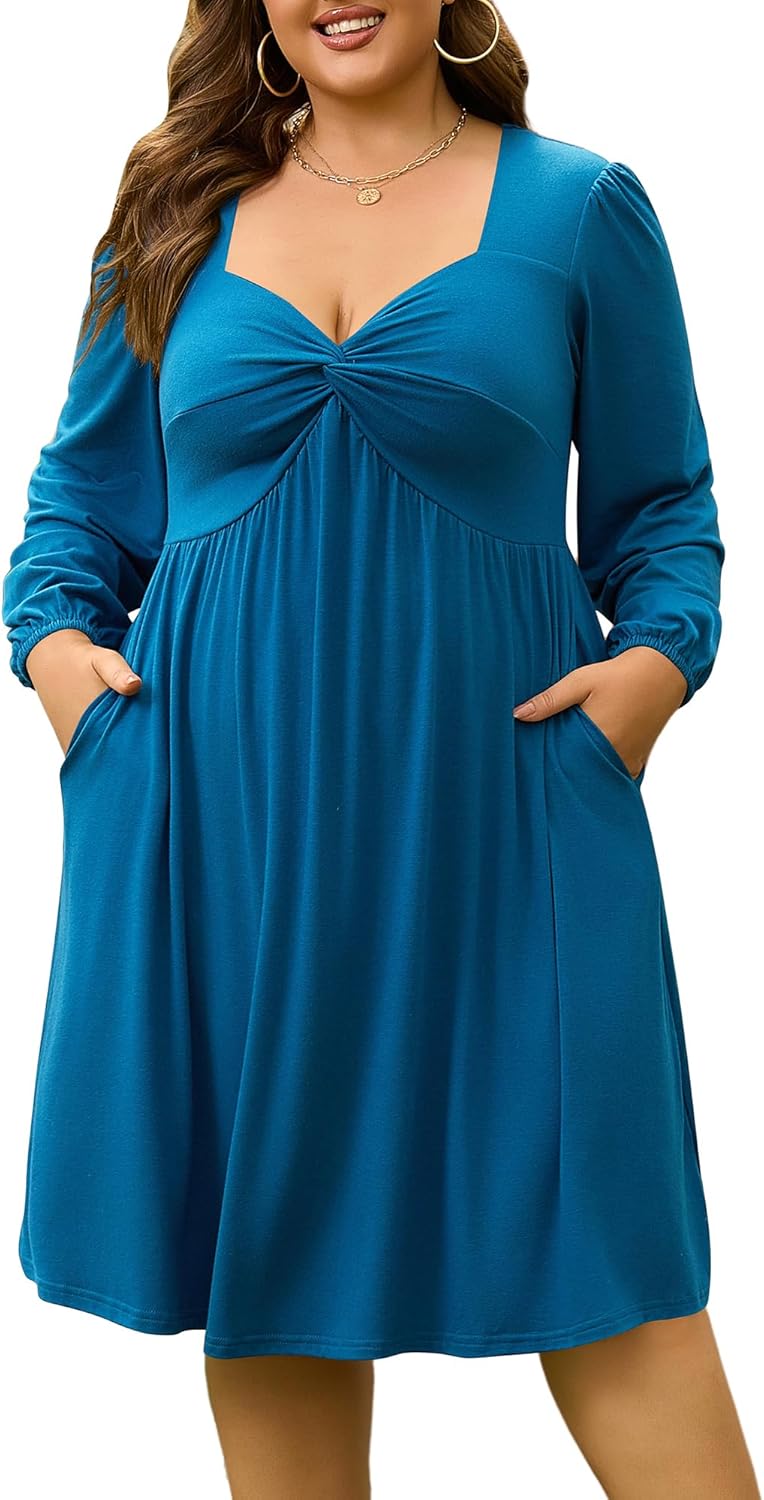 AMCLOS Women's Plus Size Square with Deep V Neck Sexy Flowy Dress Twist Knot Front 2 Pockets Long Sleeve Casual Party Work