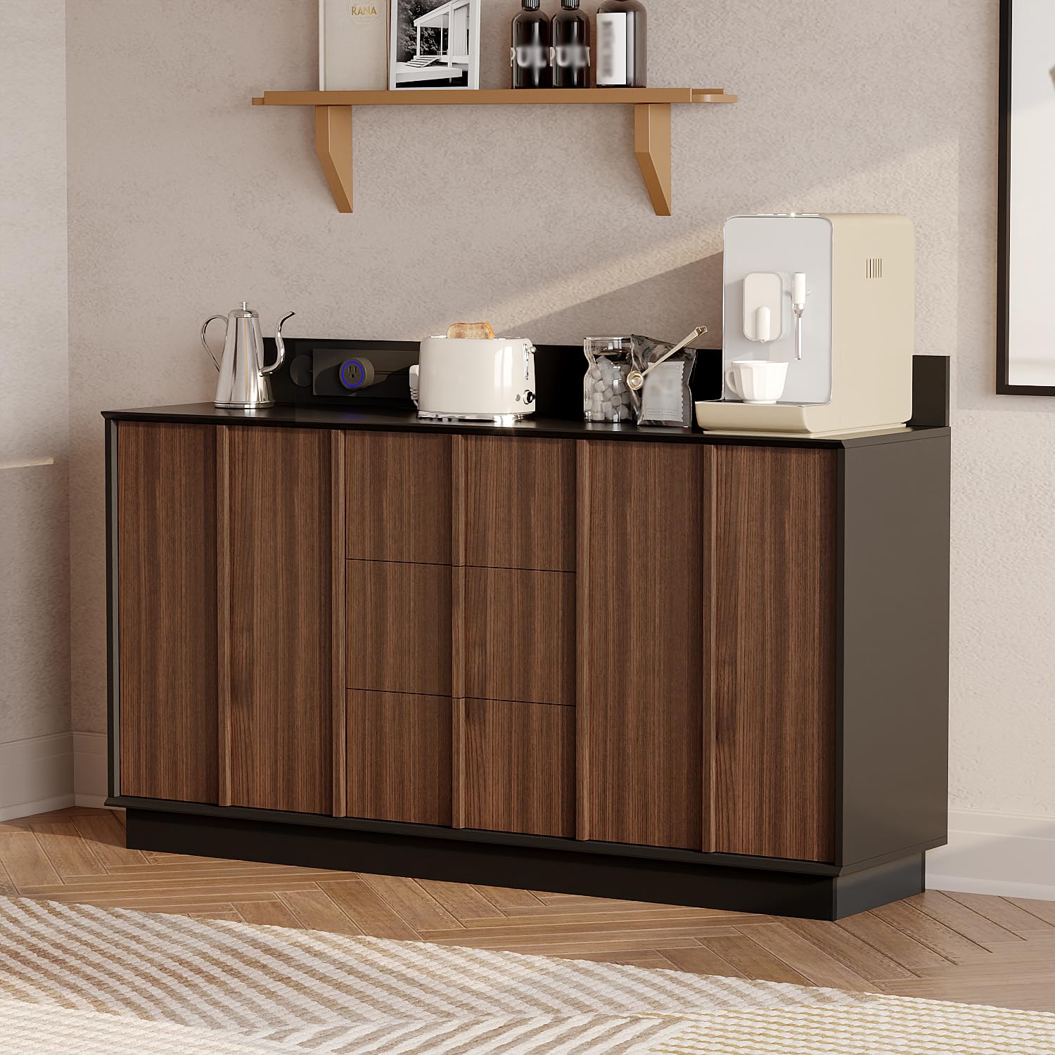 Caldion Buffet avec prise portable, armoire de cuisine avec 2 portes et 3 tiroirs, commode pour salon, armoire de cuisine, buffet avec tiroirs, 140 x 38,9 x 80 cm, marron foncé et noir