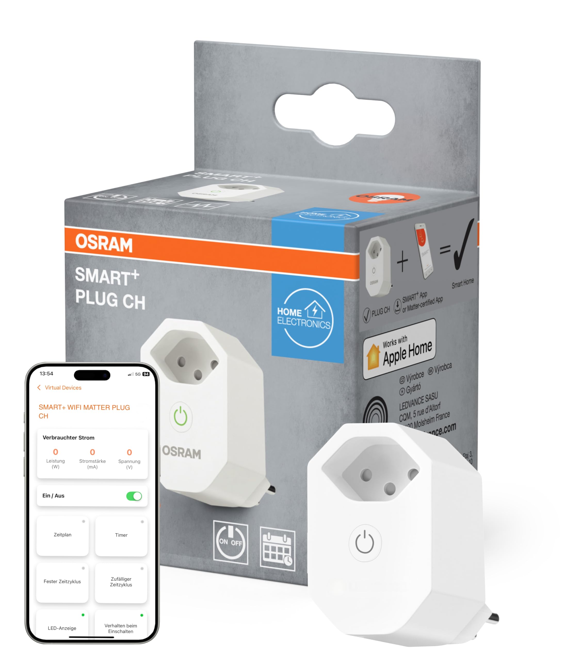 OSRAM SMART+ Wifi Plug CH Schweiz Steckdose, 2300W, 10A, IP20, weiß, Alexa, Google Home