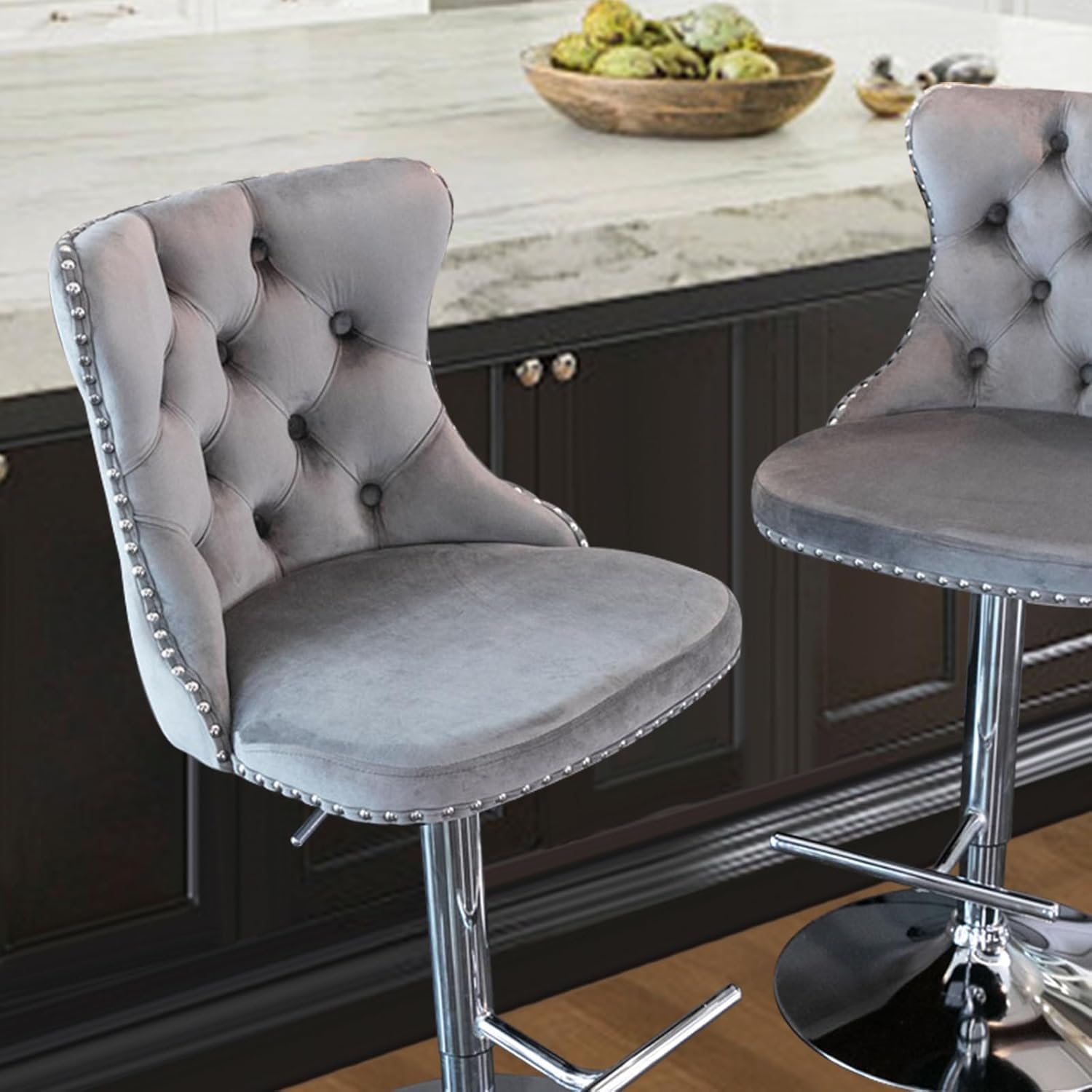 33” Velvet Swivel Bar Stools Set of 2 with Back, Adjustable Height Upholstered Modern Bar Chairs with Silver Leg for Kitchen Island, Bar, Dining Room(Grey&Silver Leg)