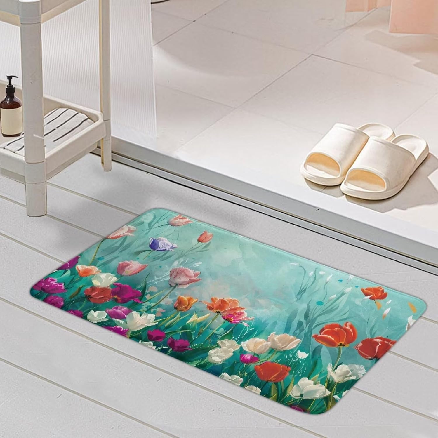 Colorful Floral Bath Mat Set 2 Piece Green Bathroom Rugs Sets 2 Piece Bathroom Mats for Floor Bathroom Decor Bath Rugs Non Slip Washable Toilet Accessories