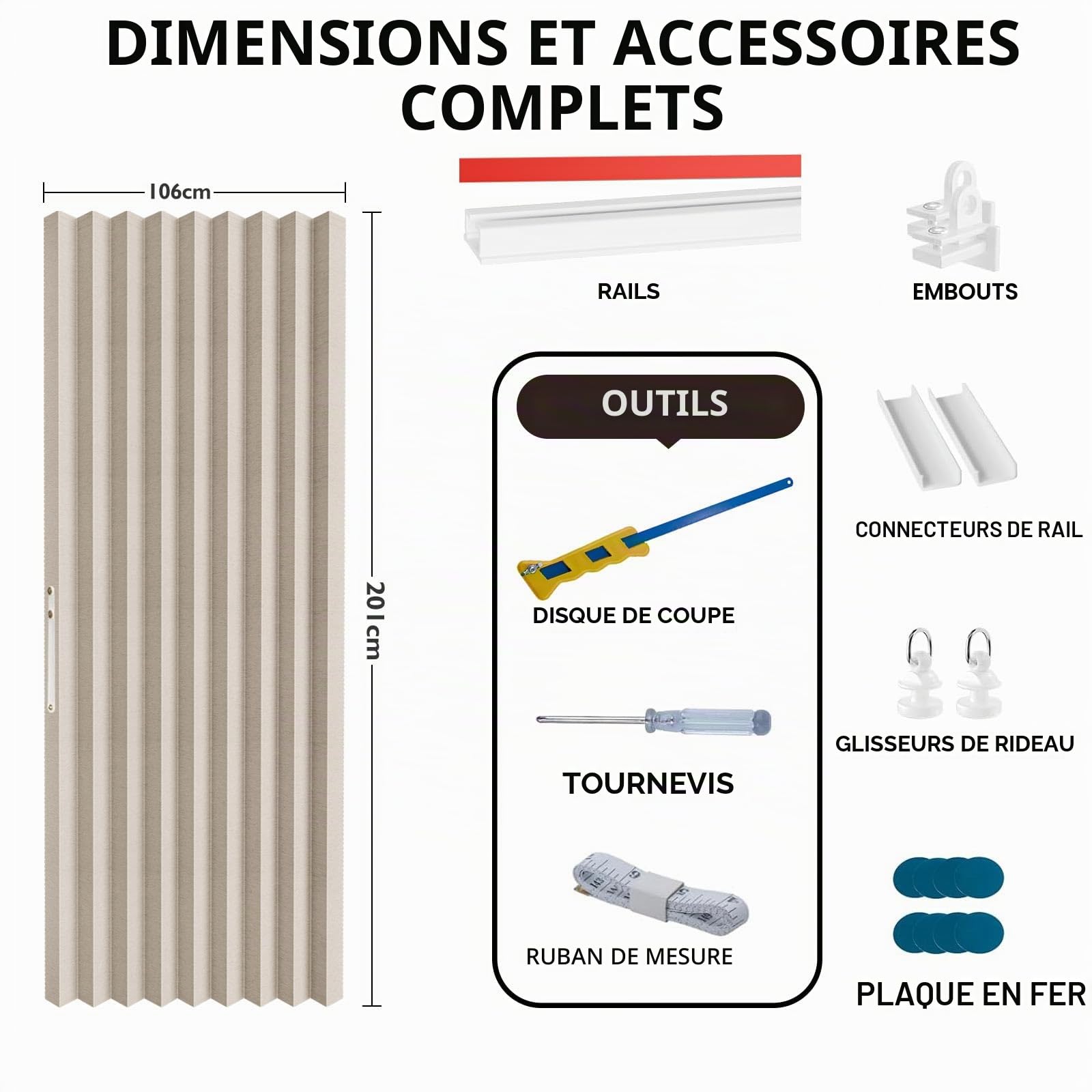 Jilron 100% Occultant pour Porte – Rideau Pliable Style Accordéon avec Fermeture Magnétique, Installation Adhésive sans Perçage, incl. Barre Adhésive, Occlusion & Protection Contre le Vent, Crème