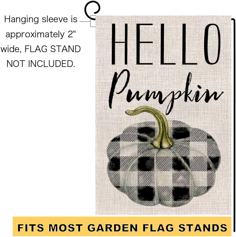 BLKWHT Hello Pumpkin Fall Thanksgiving Garden Flag Vertical Double Sided 12.5 x 18 Inch Colorful Autumn Buffalo Check Burlap Yard Outdoor Decor