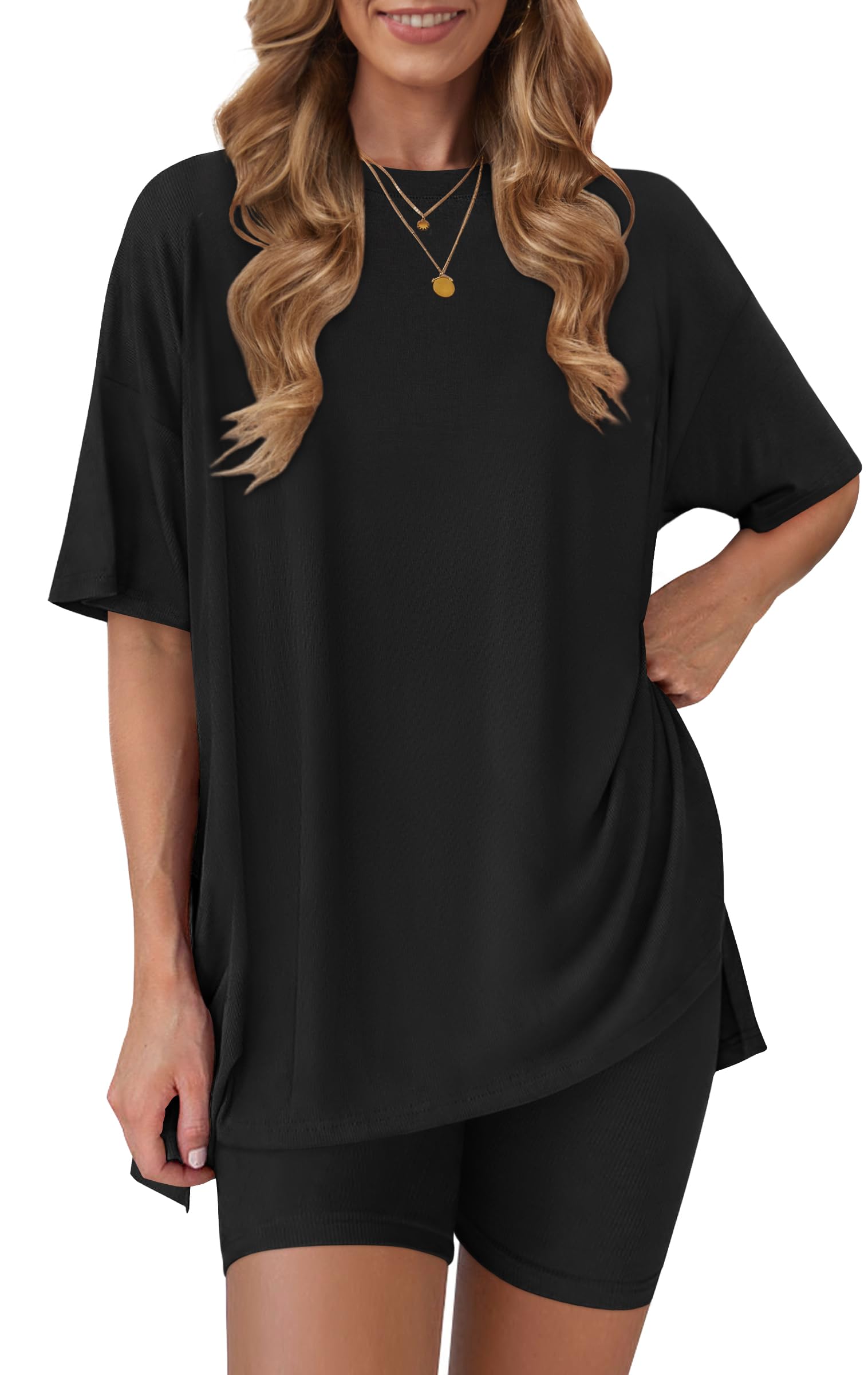 RUBZOOF Womens 2 Piece Lounge Sets 2026 Casual Summer Airport Travel Outfits Oversized Shirts Biker Shorts Matching Clothing