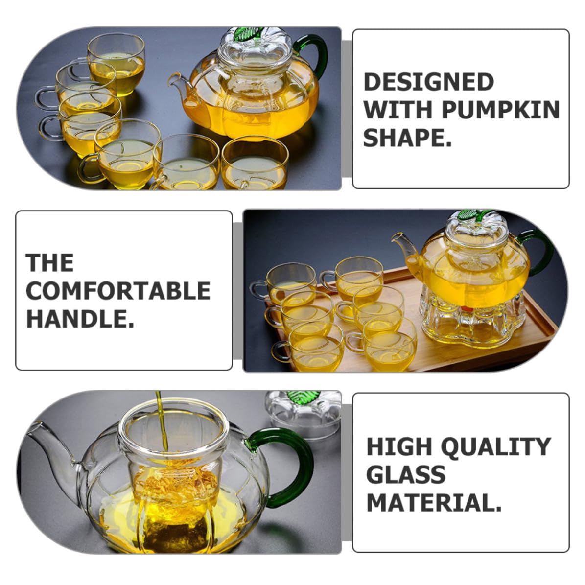 Abaodam 3 Stück Hitzebeständige Glas Teekanne 600ml mit Bequemem Griff und Grünem Design für Zuhause und Professionelle Teehäuser