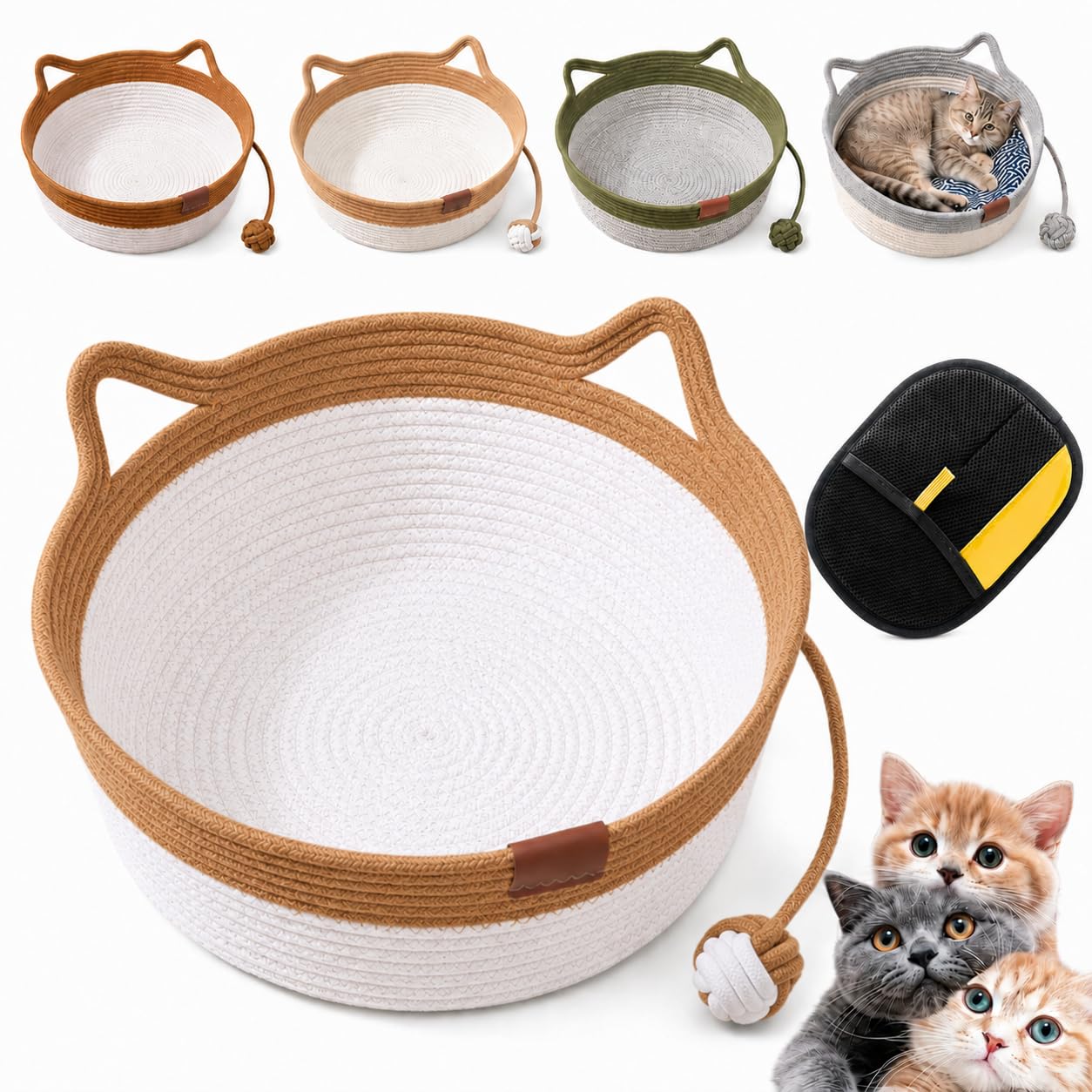 Instinct Basket for Cats with Toy Ball, Woven Cat Scratch Pad Bed, Breathable Instinct Basket for Cats, Washable Round Cat Bed for Indoor Cats, Kittens and Small Pets，Brown：M(up to 17Lb)