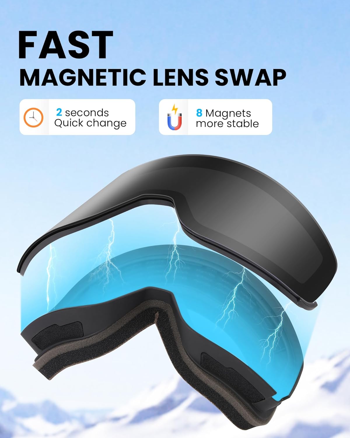 SNOWER Ski Goggles, Interchangeable Lens Anti-Fog Snow Goggles, UV Protection, OTG HD Snowboard Goggles for Men Women Adult