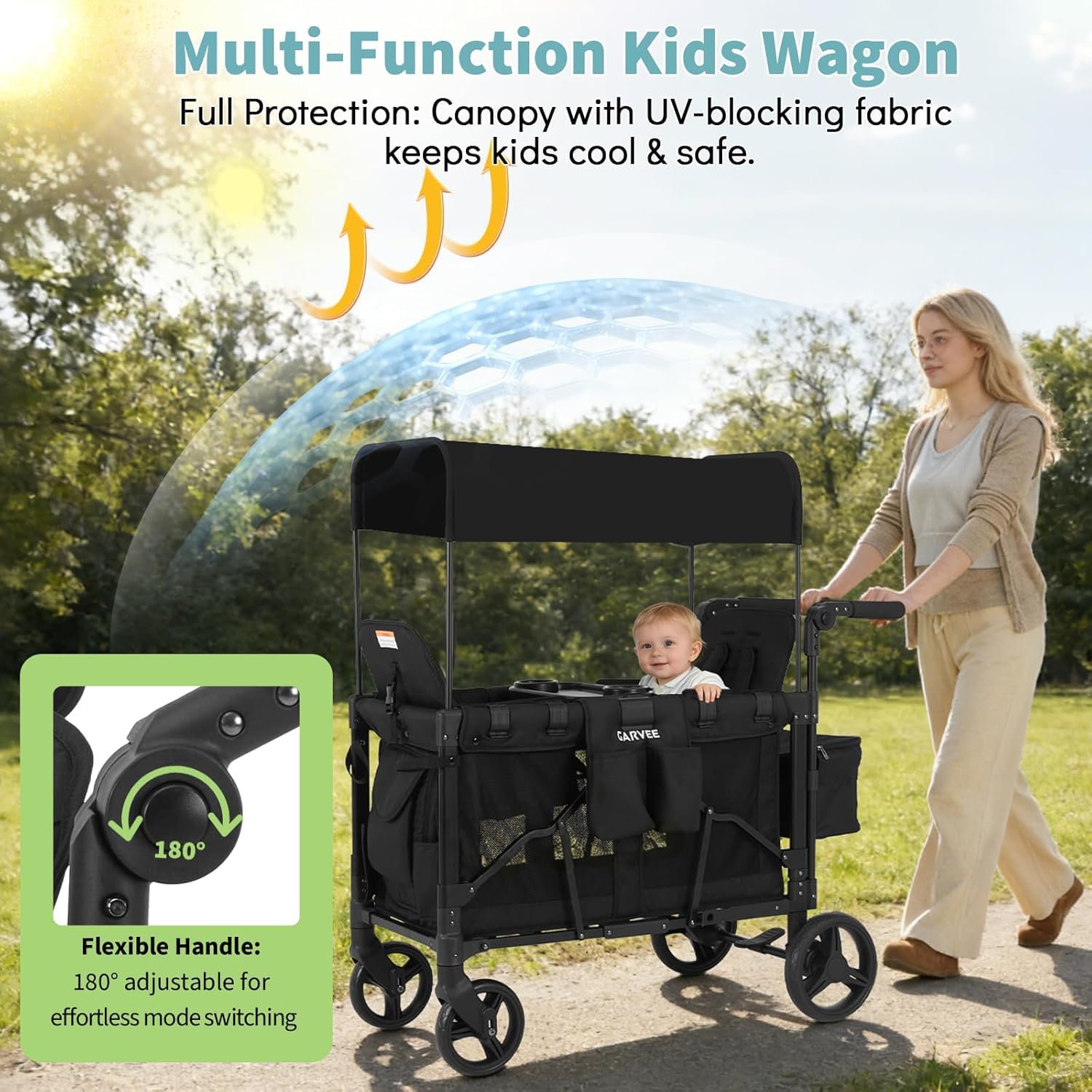 Garvee Chariot de Jardin Pliable Chariot Enfant 4 Roues, Chariot pour 2 Enfants avec Banquette Amovible, Pousser ou Tirer pour la Plage, Forêt, Chariot de Courses XXL