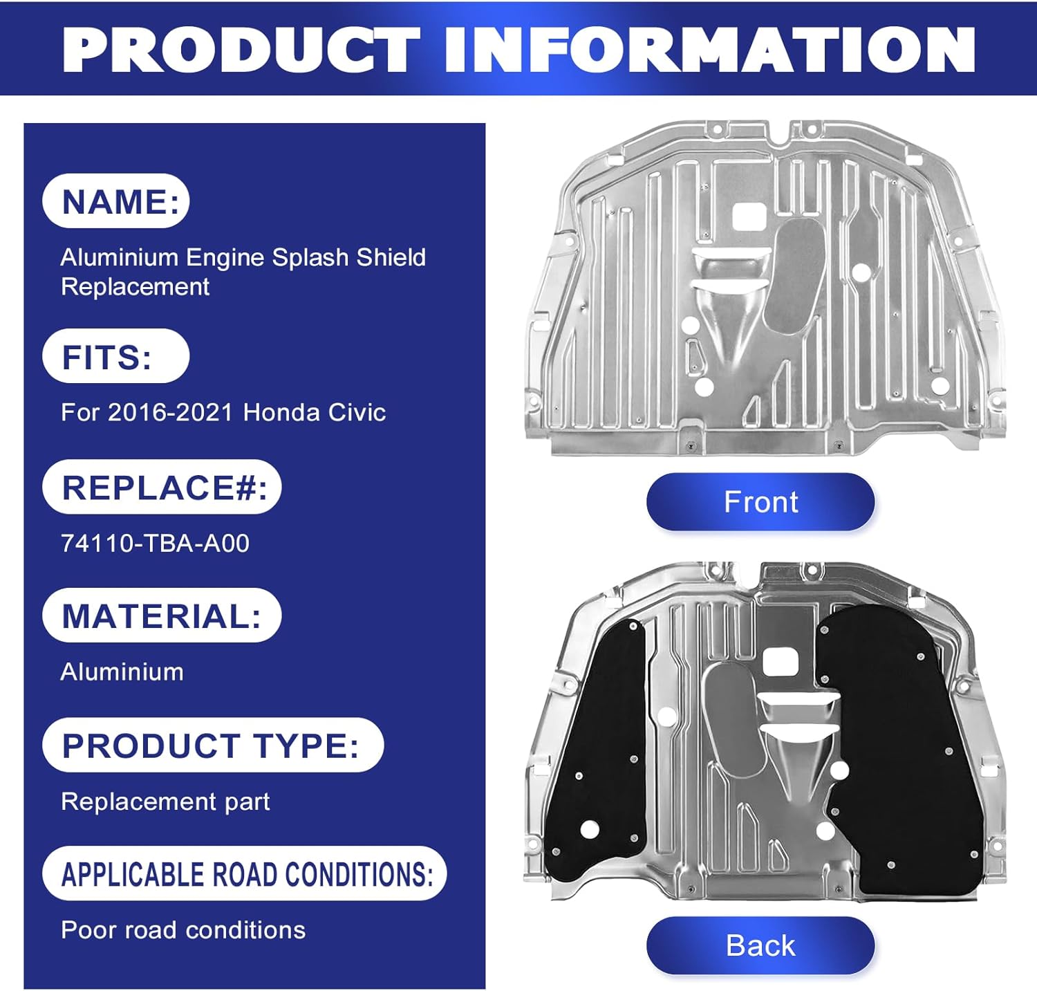 Engine Splash Guard Under Car Shield Cover Board Compatible for 2016-2021 Honda Civic 74110-TBA-A00