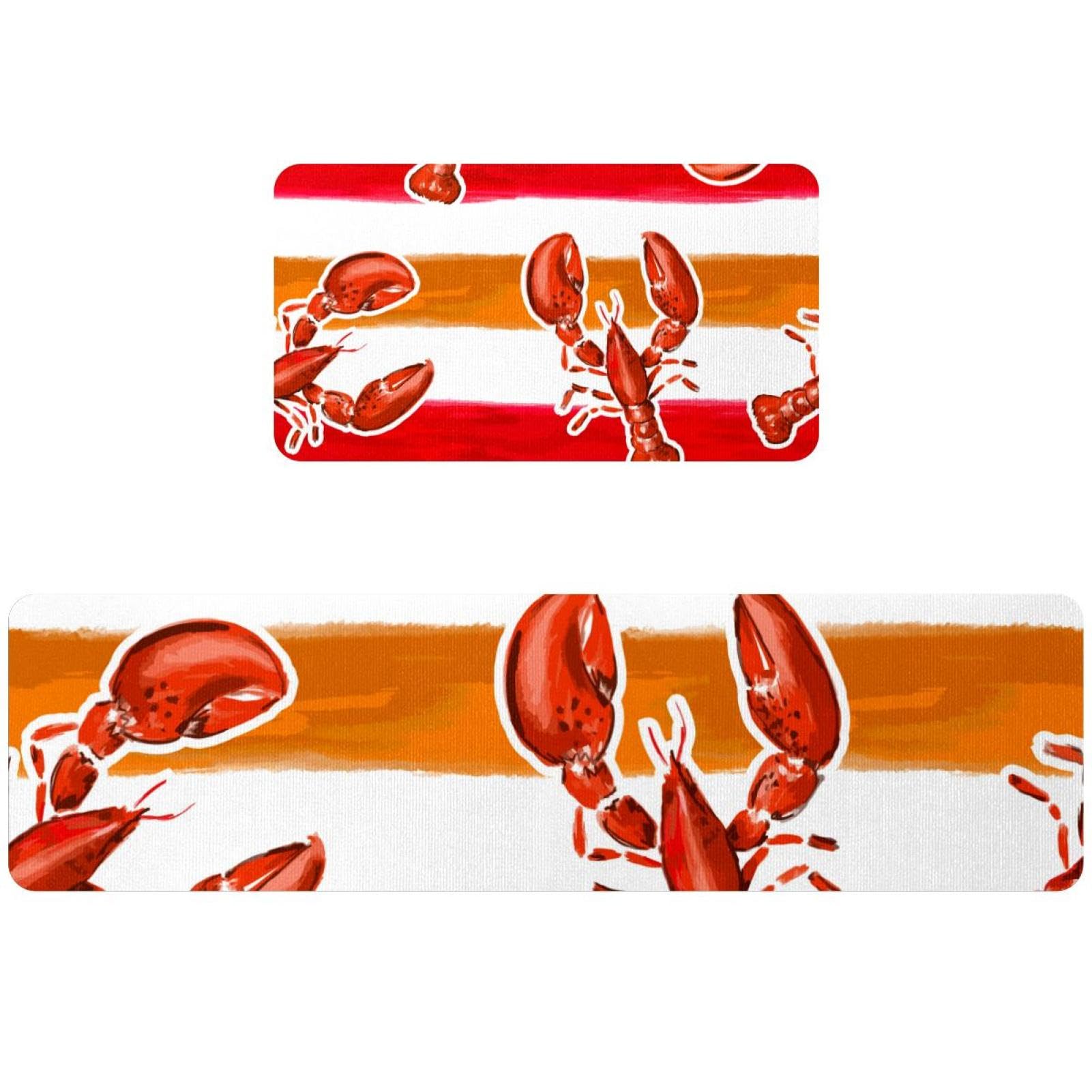 Alfombra de cocina absorbente con diseño de langostas sobre rayas rojas de alta durabilidad