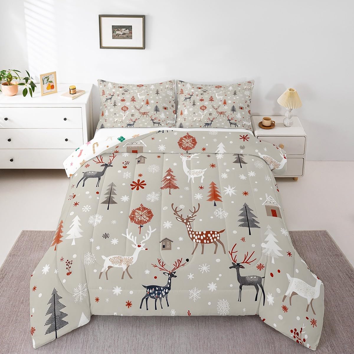 Feelyou Christmas Comforter Set Twin Size Xmas Deer Elk Decor Comforter Merry Christmas Bedding Set Duvet Set Room Decor Snowflake Quilt Set