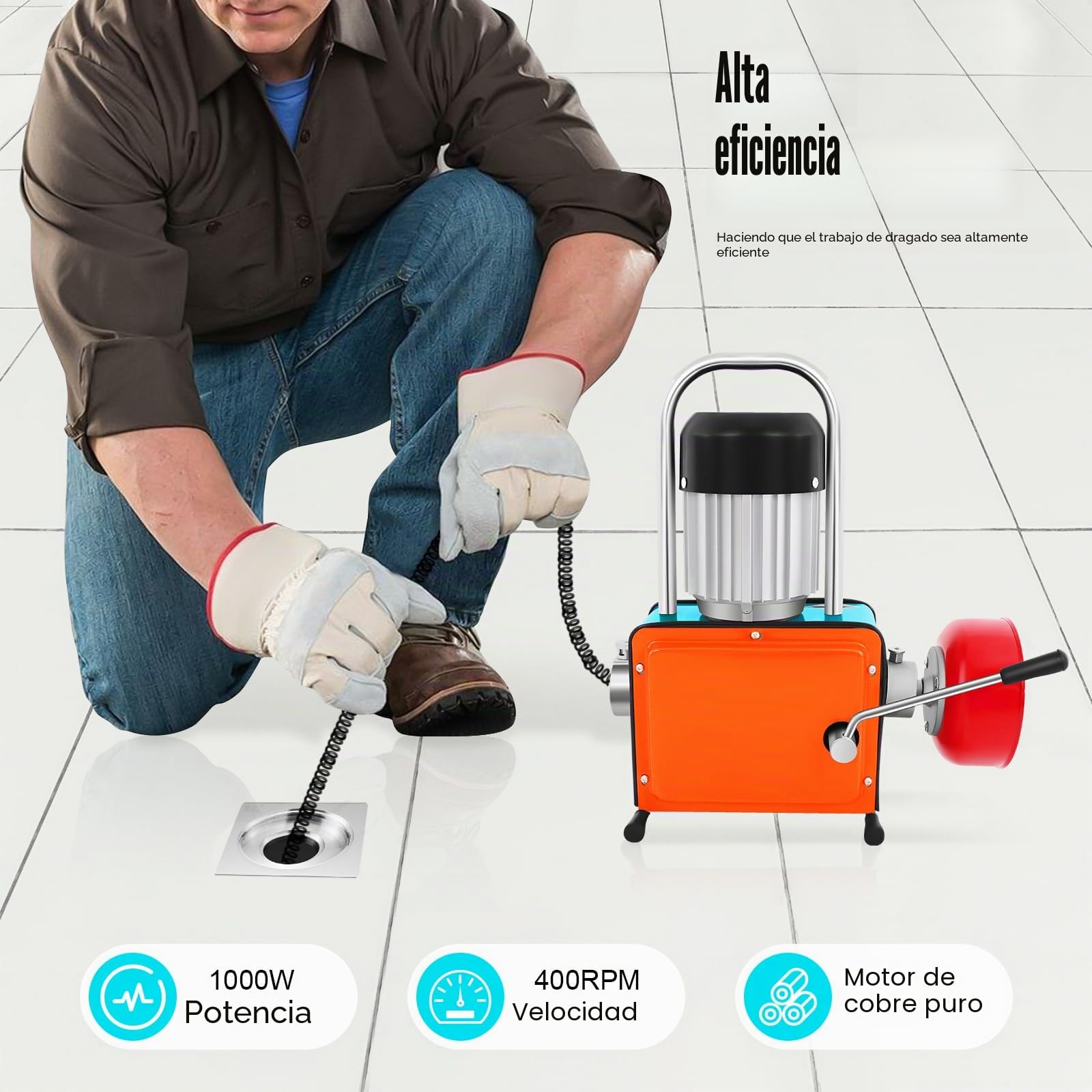 Desatascador Eléctrico, 1000W Desatascador de Tuberías Eléctrico Profesional, 400r/min Desatascadores de desagües 220V IP44 con Resorte Largo para Limpiar Alcantarillas de Baño