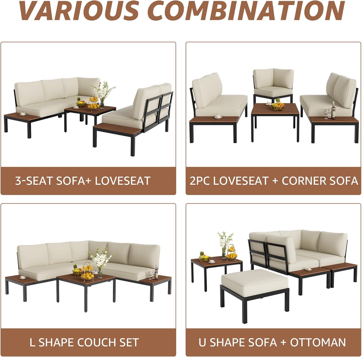 NATURAL EXPRESSIONS Outdoor Furniture Set, L Shape Patio Sectional, Metal Corner Couch Sofa Set with Side Tables, Detachable Backrest, Fauxwood Coffee Table, Beige Olefin Cushions for Garden Deck