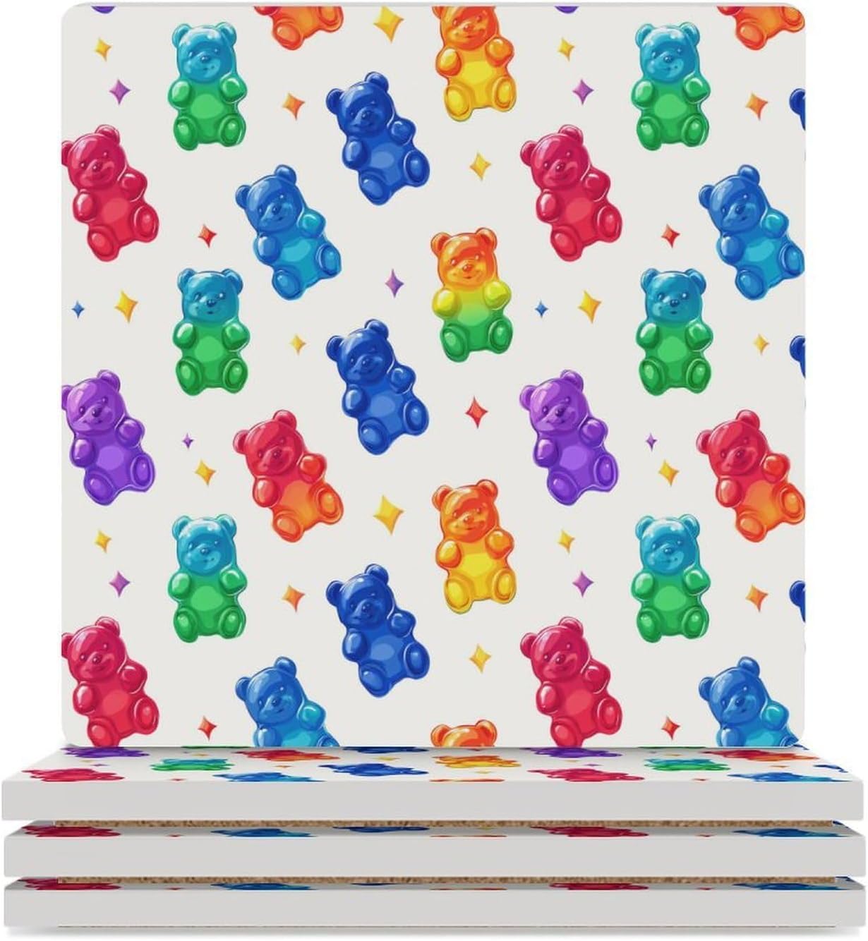 Colorful Gummy Bears Candies Sweet Coaster for Drinks Square Ceramic Table Coasters Stone Mat Crafts 4PCS Home Kitchen Decor