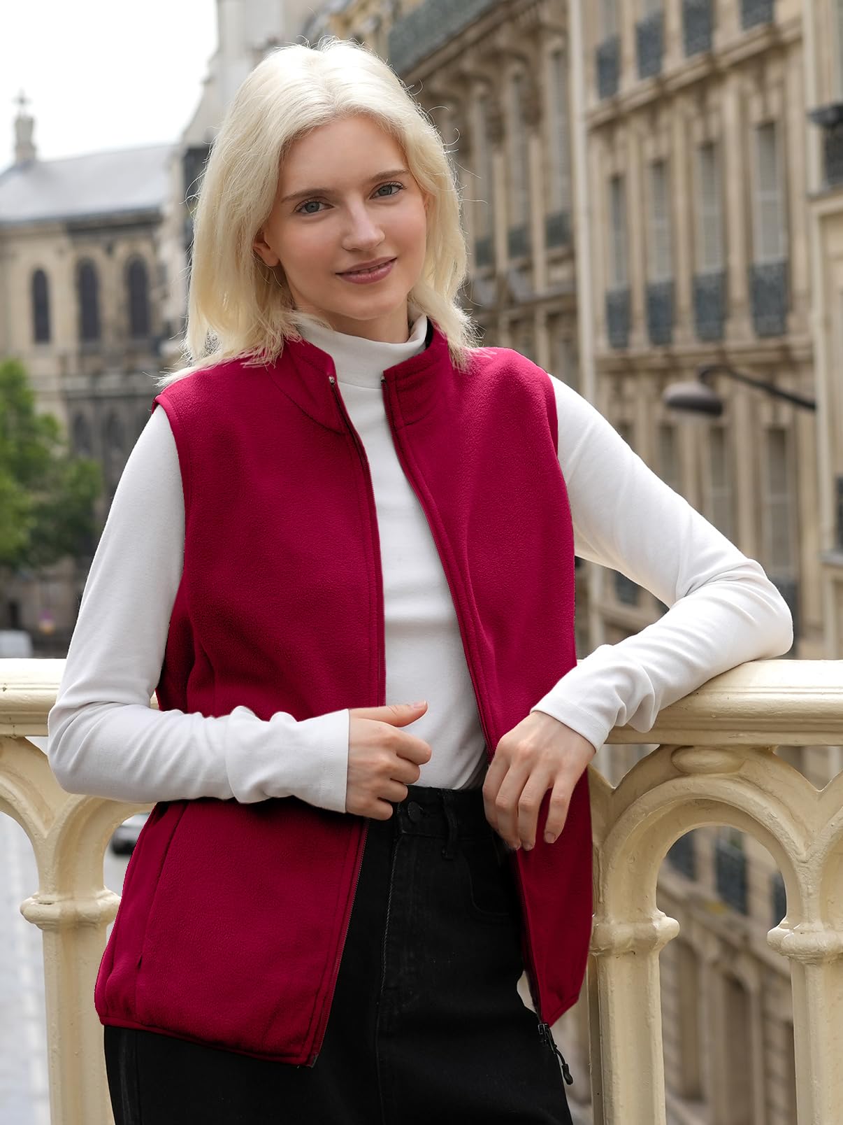 fuinloth Gilet in pile da donna,Termico Senza Maniche Elegante Collare Eretto con Zip e Tasca