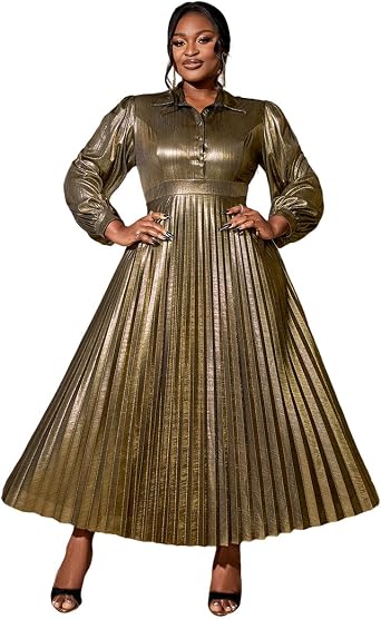 AOMEI Womens Metallic Collar Button Down Elegant Pleated Work Dress Lantern Sleeve High Waist Casual Maxi Dresses for Women