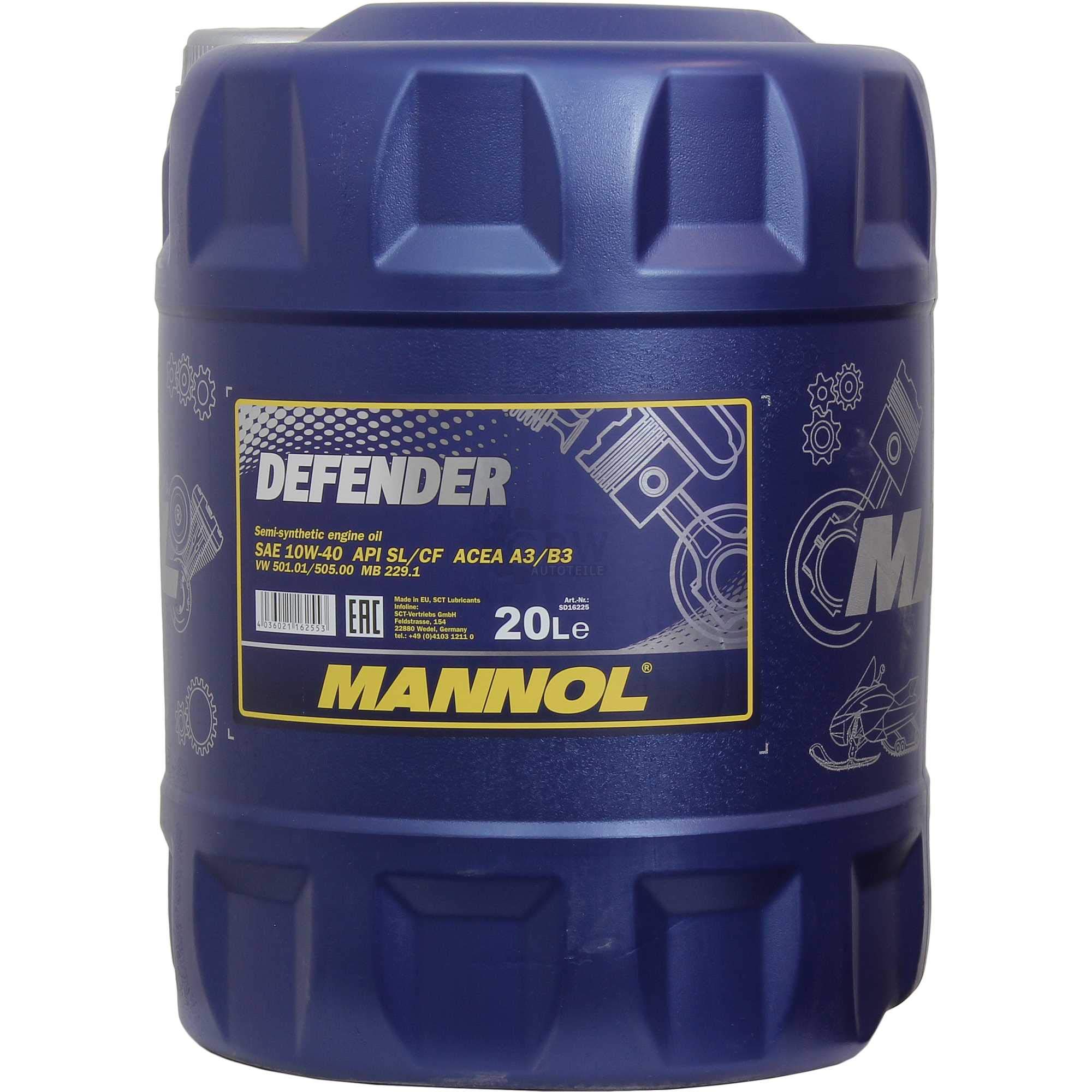 MANNOL Defender 10W-40 API SL/CF MN7507-20 Olio per motore, 20 litri, con rubinetto di scarico