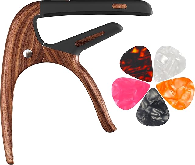 Capo for Acoustic, Electric Guitar, Ukulele and String Instruments, Capo with 5 Picks, Guitar Kapo Clamp (Rosewood)