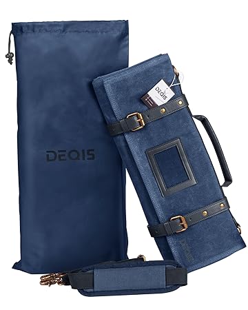 DEQIS Knife Roll Chef Waxed Canvas Bag Storage 13 Slots and 1 Large Zipper Pocket Carry Shoulder Strap Handle and Name Card Professional Folding Cooking Tools Case Organizer,Knives Not Included,Blue