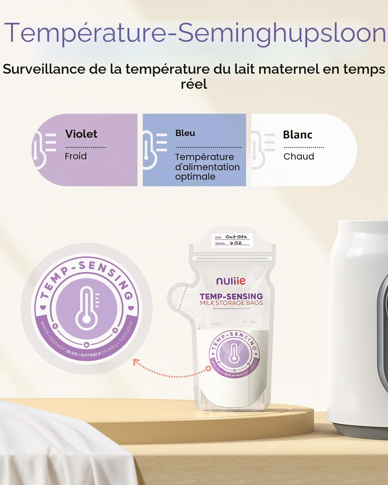 Nuliie Lot de 120 sacs de rangement pour lait maternel à détection de température, grande icône de détection de température et pince de verrouillage, sacs de stockage de lait maternel de 170,1 g avec