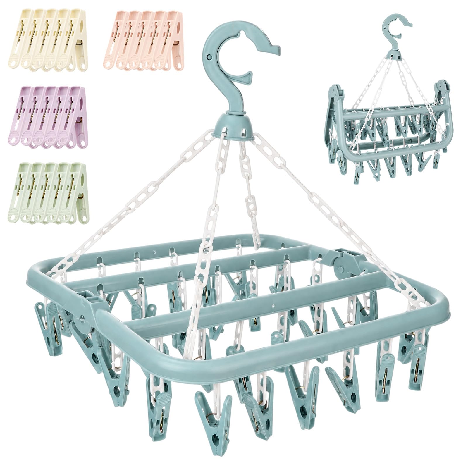 32 Clips Sock Hangers for Drying, Foldable, with 20 Plastic Washing Pegs