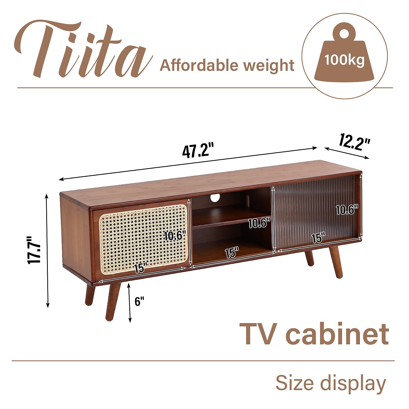 Soporte de TV de ratán para TV de 55 pulgadas, gabinete de TV de bambú con estante ajustable y almacenamiento, centro de entretenimiento bohemio, consola multimedia moderna de mediados de siglo 6