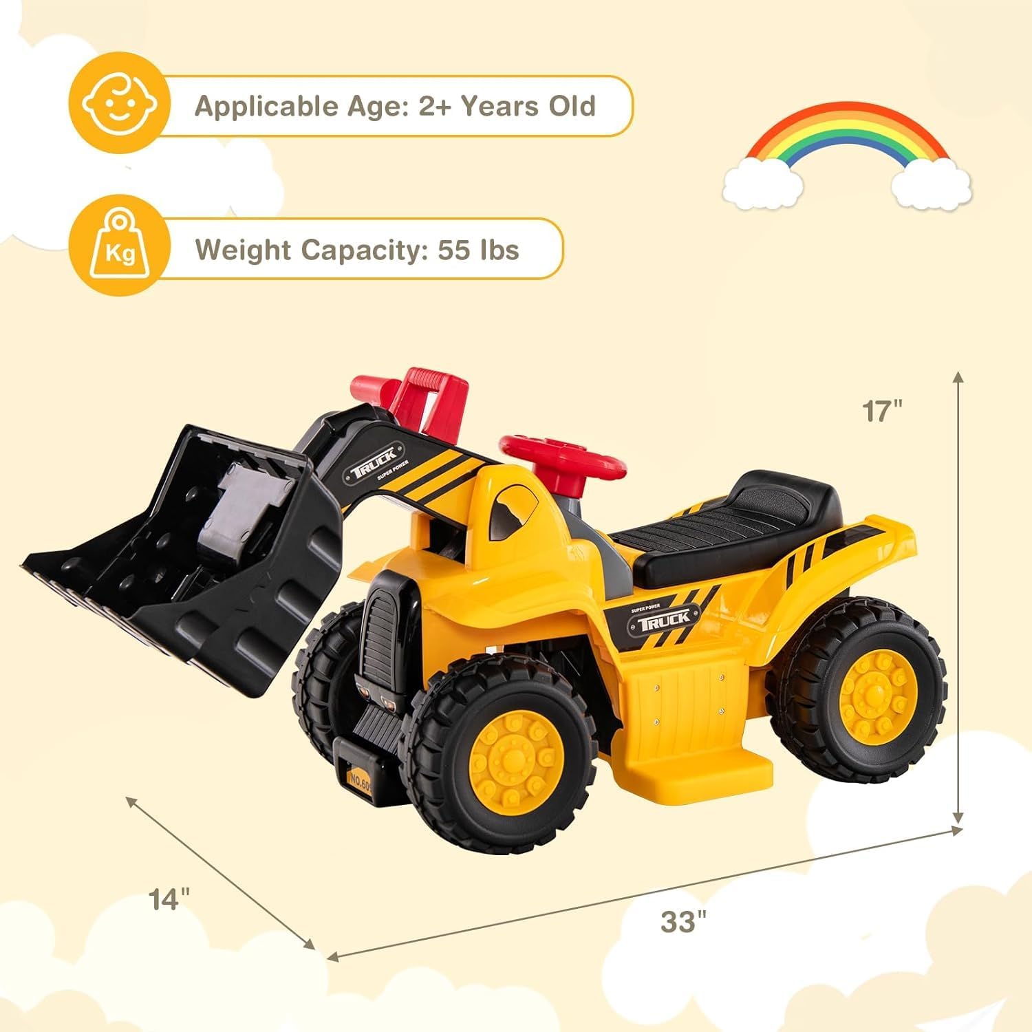 Image showing the dimensions of the ride-on excavator: 33 inches long, 14 inches wide, and 17 inches high. Also indicates applicable age 2+ years old and weight capacity 55 lbs.