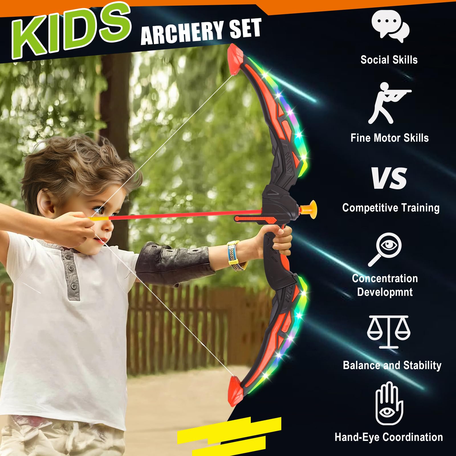 Set da 2 Archi e frecce per Bambini con luci a LED, Giocattolo Luminoso per tiro con L'Arco per Bambini, Giocattolo per Interni ed Esterni per età 3-12, Regalo per Ragazzi e Ragazze