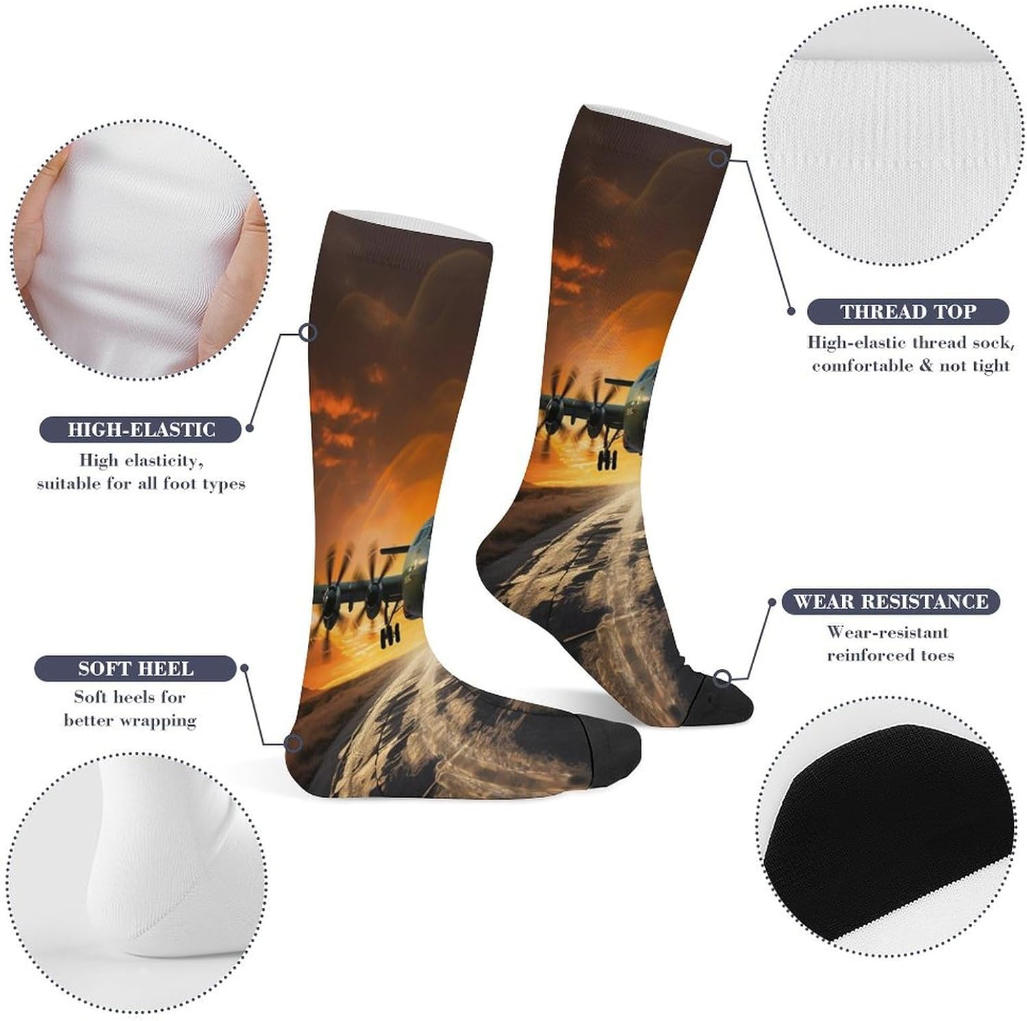 Military Aircraft Landing on Air Force Runway Compression Socks Soft Knee High Tube Sock Comfort Over-The-Calf Sock Circulation Support Socks for Adult