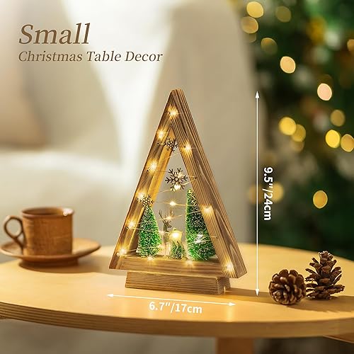 Miniatura 3 de Hanobe Decoración de árbol de Navidad de madera decoraciones de Navidad de mesa con luces para encimera de cocina, decoración de Navidad rústica y