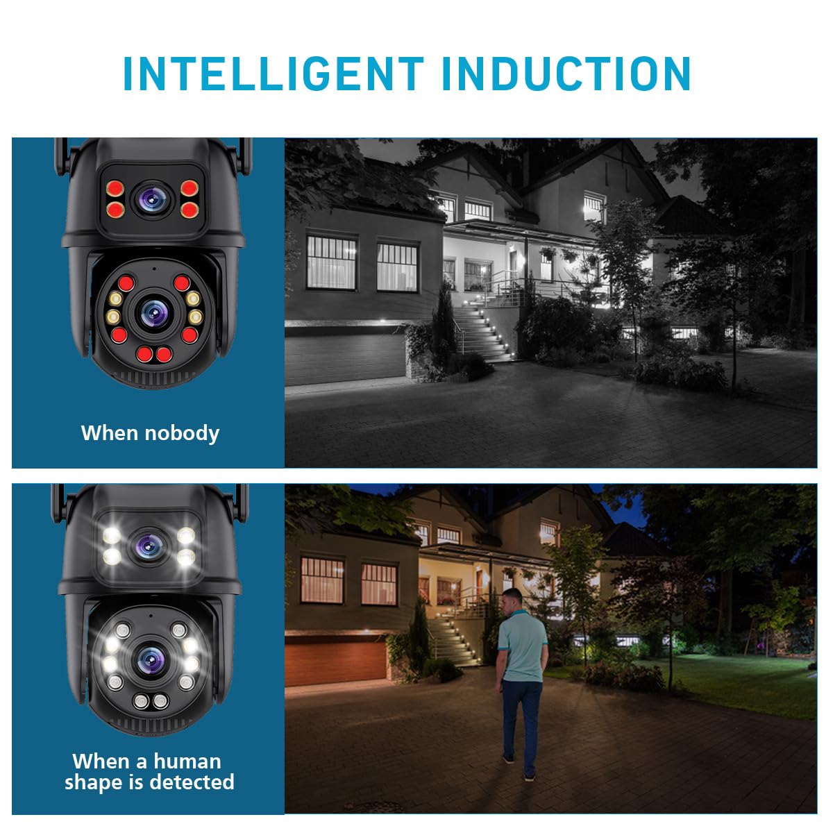 ICSEE - Telecamera di sicurezza WiFi da 6 MP, wireless, doppia lente, PTZ, impermeabile, rilevamento umano, visione notturna a colori, 19,8 m, compatibile con Alexa (doppia lente bianca da 6 MP)
