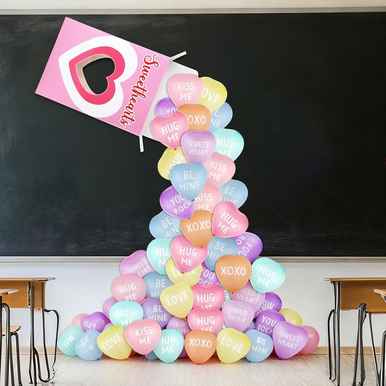 49Pcs Giant Valentines Day Decorations Large Sweethearts Paper Box Be Mine Sweet Heart Pastel Heart Balloons Valentine Candy Hearts Boxes Kits for Valentine Wedding Anniversary Party Pink
