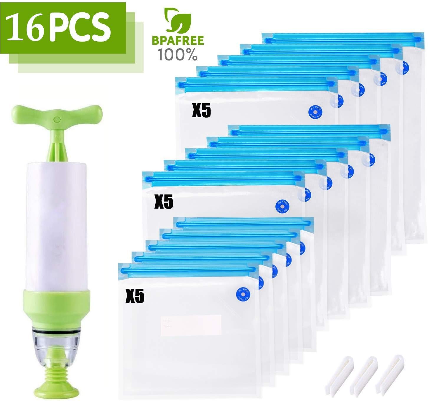 Reusable Vacuum Food Storage Bags Sous Vide Bags - 15 Reusable Vacuum Seal and 1 Hand Pump Give 3 Clip for Long-time Sous Vide Cooking & Food Storage Freezing