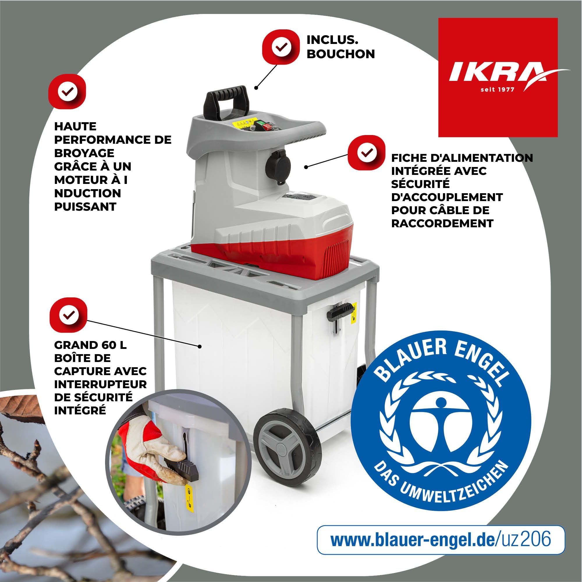 IKRA broyeur électrique ILWH 3000, diamètre des branches 45 mm Blauer Engel