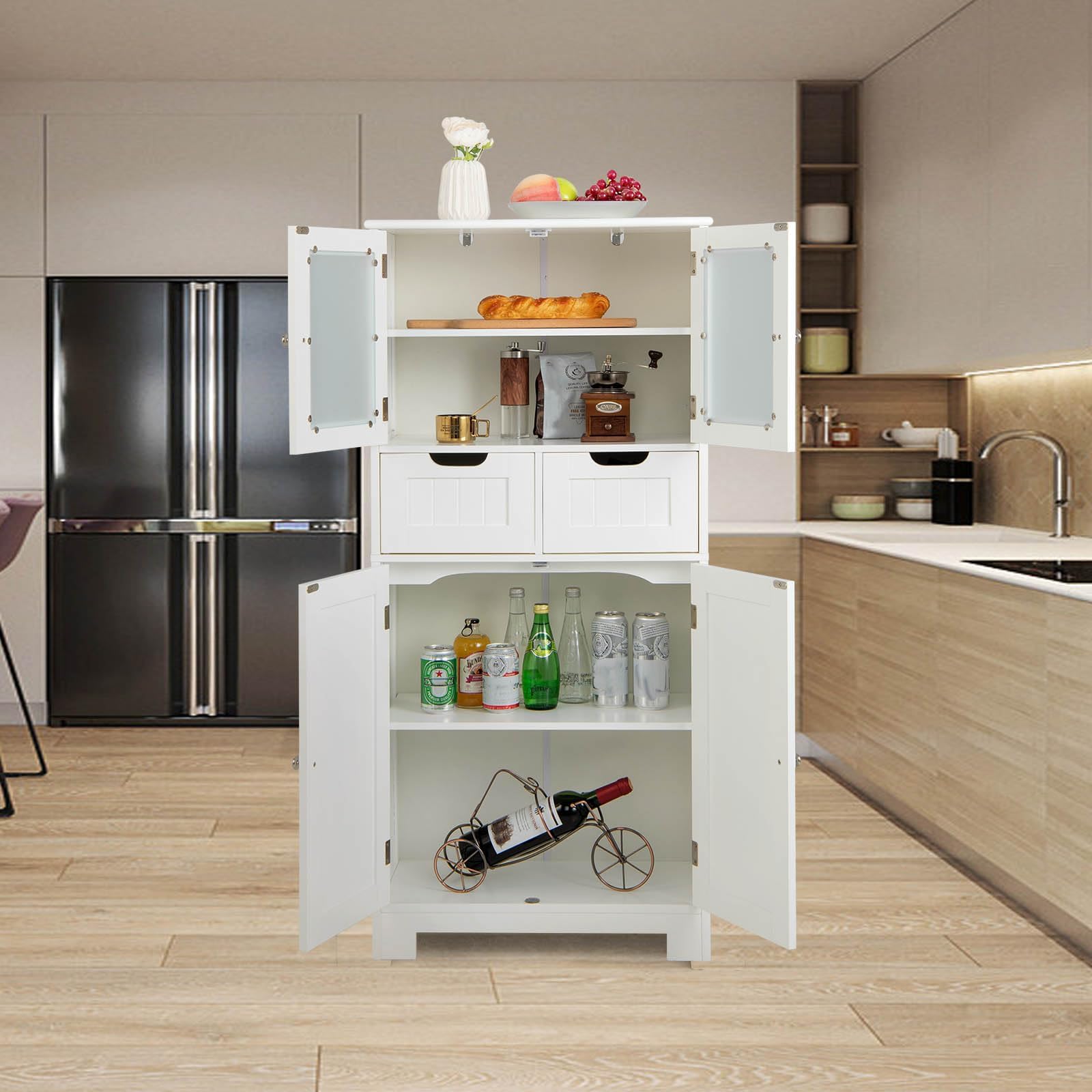LIFEZEAL Armario Suelo de Baño, Mueble de Baño con Estantes Ajustable, Mueble de Almacenaje con Cajones y Doble Puerta, Mueble Lateral Multifuncional para Cocina (Blanco)