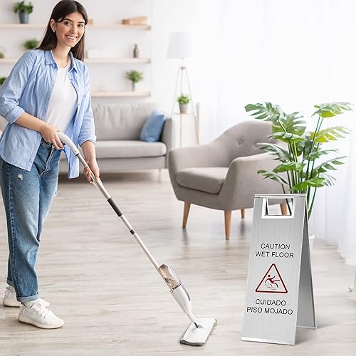 Miniatura 7 de Señal de precaución de suelo húmedo de acero inoxidable a granel de 8.8 libras portátil con mango plegable bilingüe para cocina, restaurante,