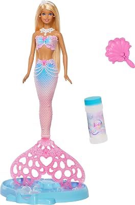 Barbie Bubble Sparkle Mermaid Doll with Bubble-Making Feature & Solution, Tray & Hairbrush, Plus Long, Color-Streaked Blonde Hair, JLW56