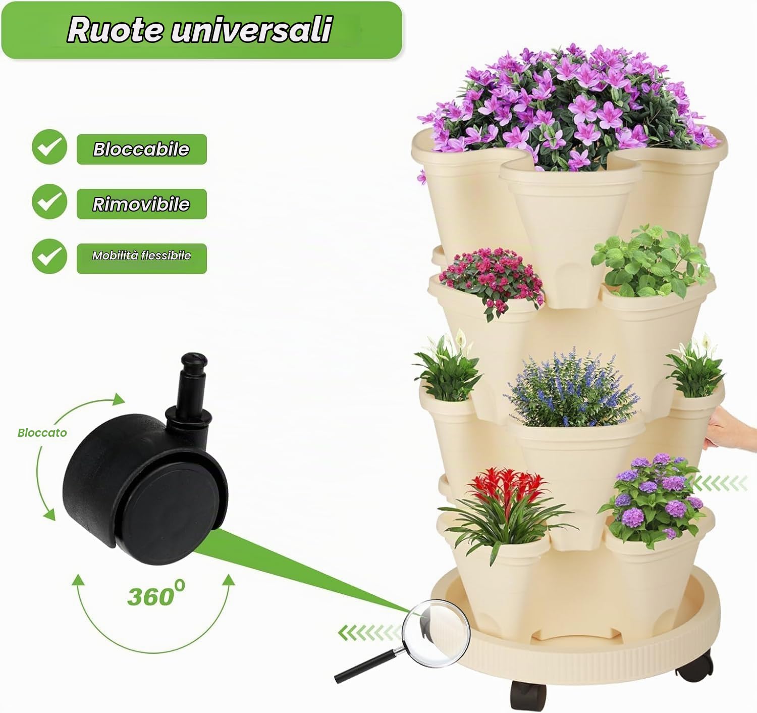 Fioriera impilabile, giardino verticale a torre, set di fioriere verticali utilizzate per fragole, erbe aromatiche e fiori (Beige, 6 livelli)