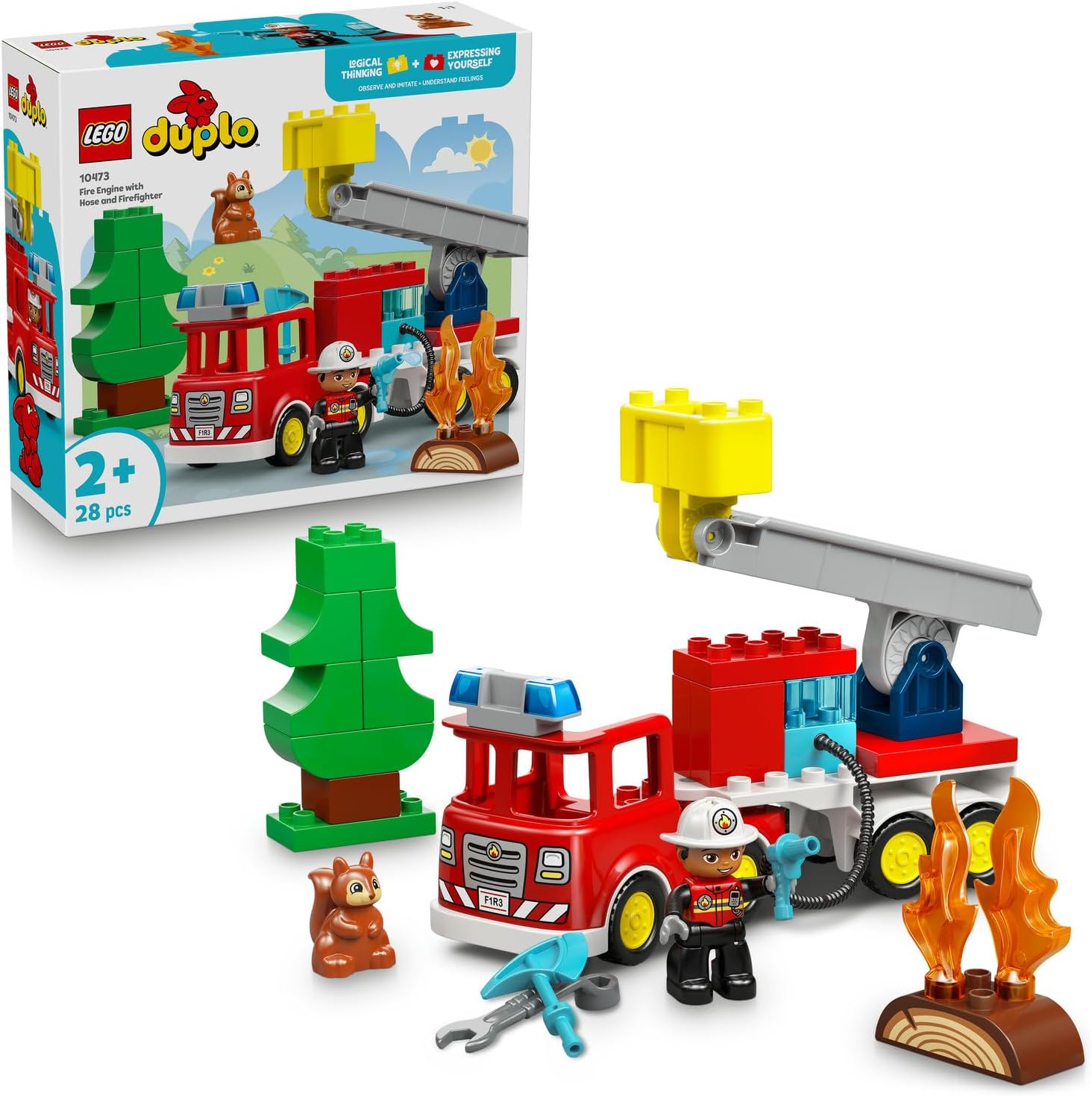 LEGO DUPLO Kasabası Hortumlu İtfaiye Aracı ve İtfaiyeci 10473-2 Yaş ve Üzeri Çocuklar için İtfaiyeci Figürü, Sincap, Balta ve Anahtar İçeren Eğitici Oyuncak Yapım Seti, Hediye Fikri (28 Parça)