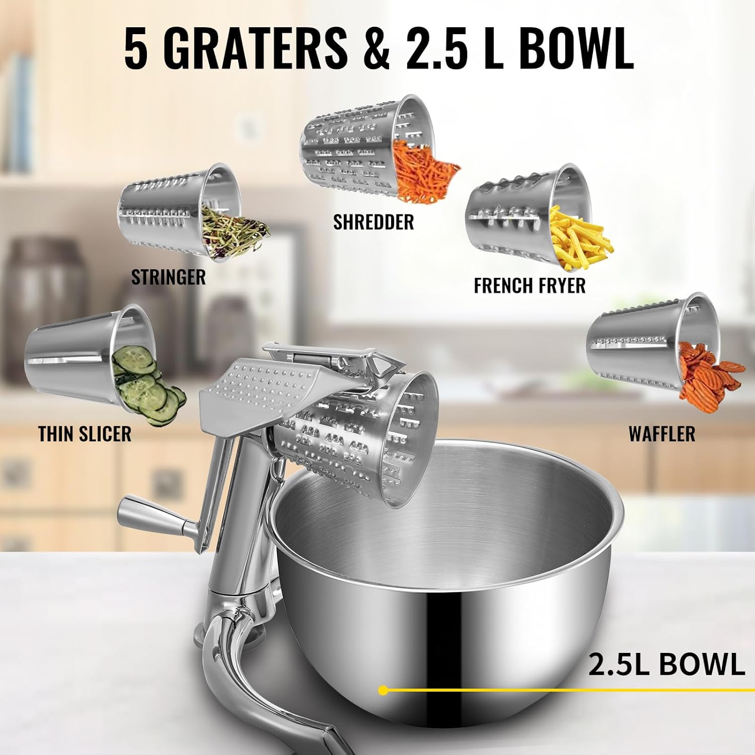 Happybuy Rotary Cheese Grater, Zinc Alloy Vegetable Mandoline with 5 Stainless Steel Cutting Cones, Manual Cheese Grater with 2.5L Bowl, Rotary Shredder with Suction Base for Efficient Kitchen Prep
