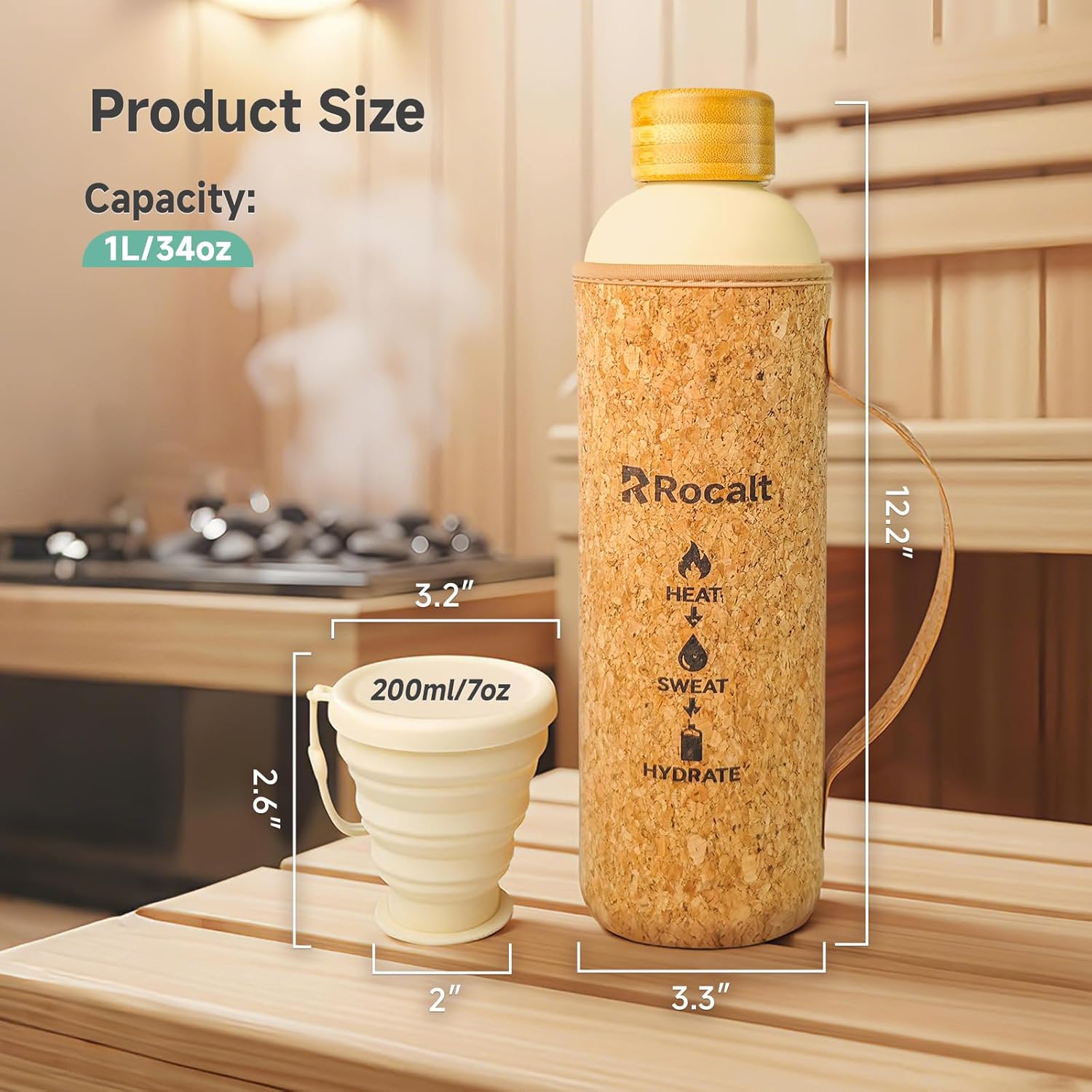 Rocalt Sauna Water Bottle with Folding Silicone Cup, 1 L / 34 oz Icy Cold Sauna Bottle, Double-Walled Stainless Steel with Cork x Neoprene Outer Layer and Bamboo Lid, Insulated & BPA-Free