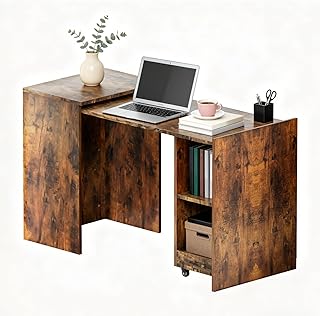 Schreibtisch Ausziehbar mit Stauraum, Computertisch mit Rollen, Bürotisch 2 Regal, Klappschreibtisch für Kleine Räume, Zusammengeklappten 40x55x73cm, Einfache Montage Robust & Langlebig (Braun)