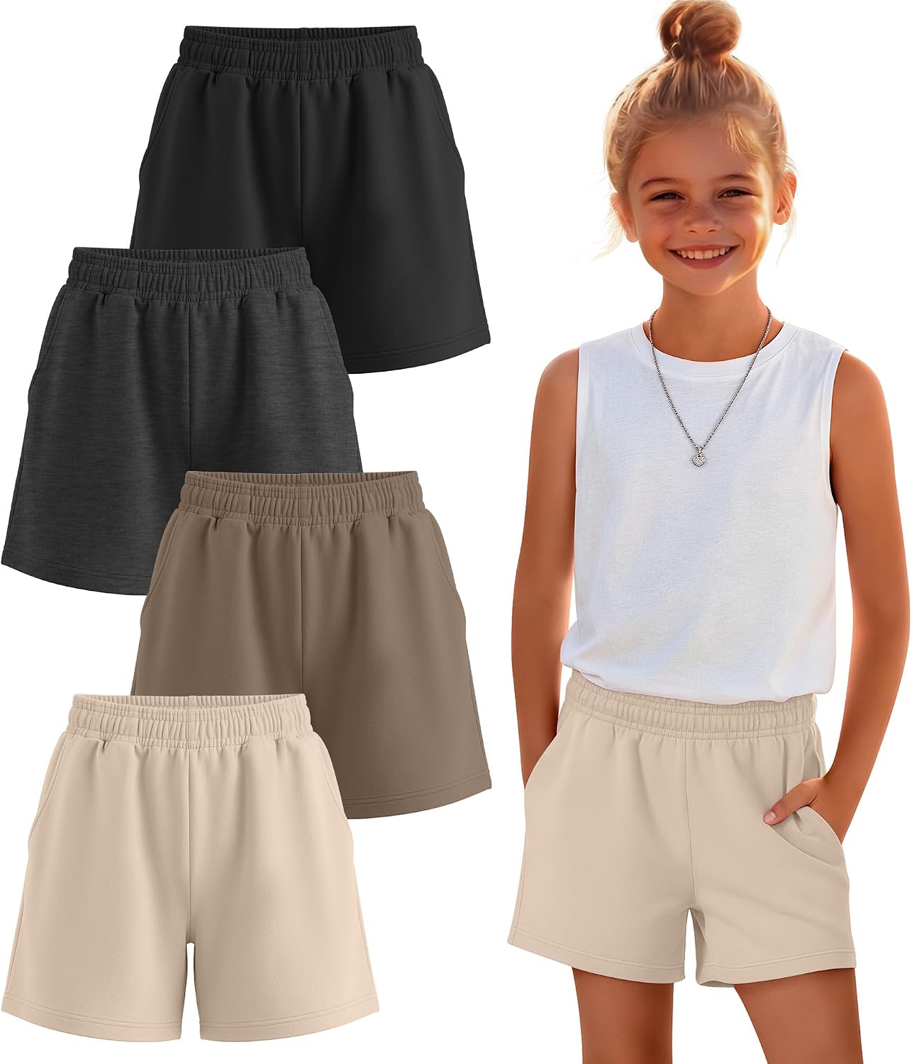 Yooo's Vivi 4 Pack Girl's Athletic Shorts Elastic Waist Sweat Shorts with Drawstring and Side Pockets for Kids Ages 5-14