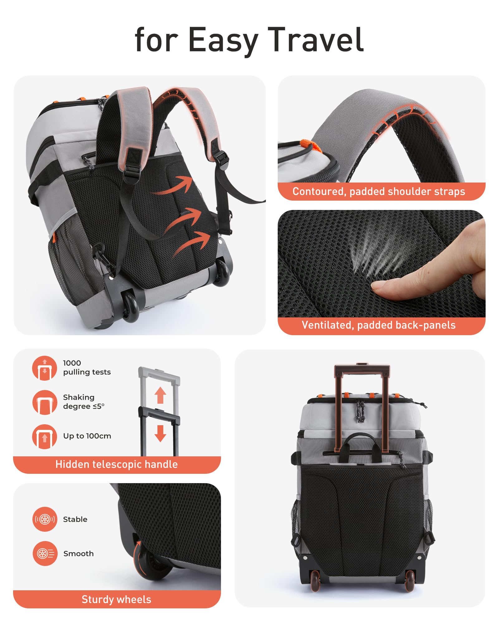 TOURIT Zaino refrigerante con ruote per 50 lattine, doppio fondo e doppio manico, borsa frigo portatile con ruote da donna, capacità 30 litri, dimensioni: 18" (15"+3") × 13" × 11"