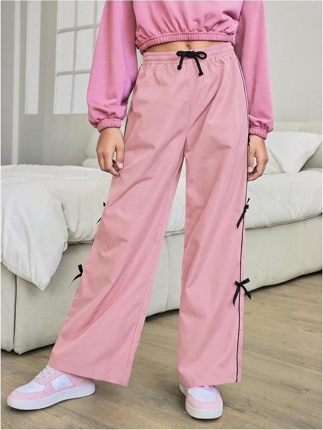 WDIRARA Girl's Bow Side Waist Track Pants Cute Wide Leg Trousers - Image 4