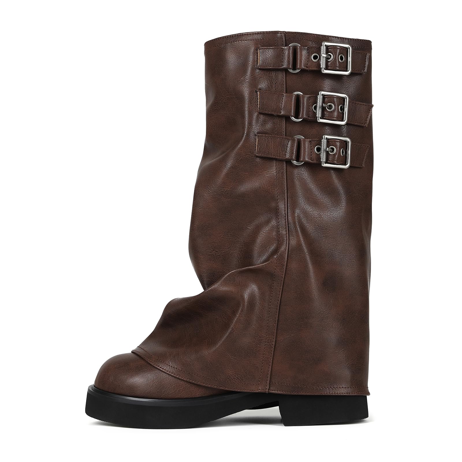 CAGLGLZ Mid Calf Slouchy Boots for Women Square Toe Fold Over Motorcycle Riding Boots With Buckle Wide Calf Casual Comfortable Moto Biker Shoes